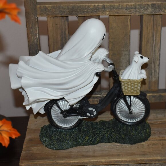 Goblin & Ghoul Other - Spooky Sheet Ghost Riding Bike With Ghost Dog in Basket Fall Halloween Decor